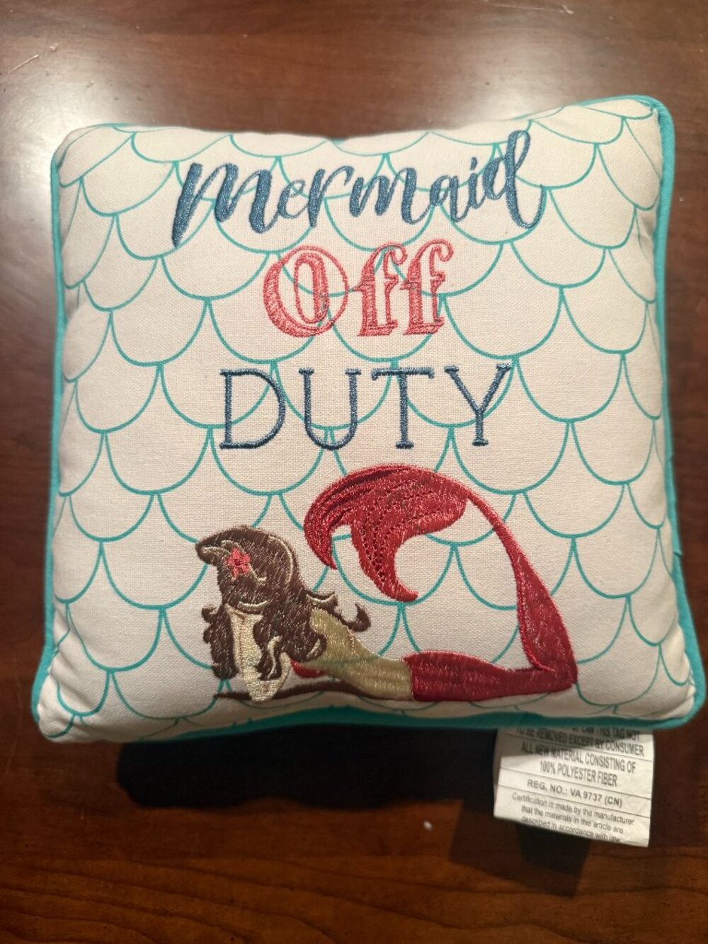 Mermaid Off Duty Pillow Embroidered Coastal Accent Pillow 9 x 9